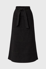 Black Denim Belted A-Line Maxi Skirt