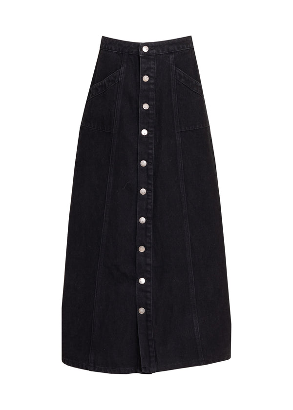Black A-line Button Down Denim Skirt