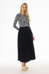 Black Denim Gathered Maxi Skirt