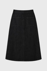 Black Denim Patch Pocket Midi Skirt