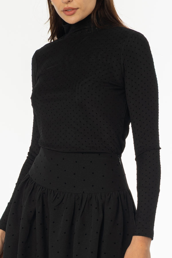 Black Dotted Mesh Mock Neck Top