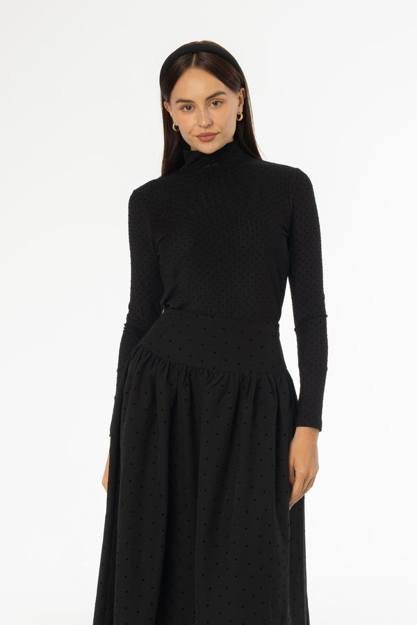 Black Dotted Mesh Mock Neck Top
