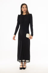 Black Dotted Mesh Ruched Maxi Dress