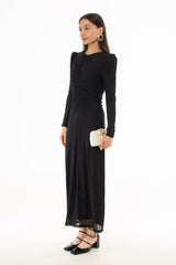 Black Dotted Mesh Ruched Maxi Dress