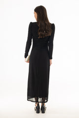 Black Dotted Mesh Ruched Maxi Dress