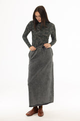 Black Drawstring Stretch Denim Maxi Skirt