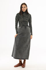 Black Drawstring Stretch Denim Maxi Skirt