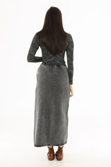 Black Drawstring Stretch Denim Maxi Skirt