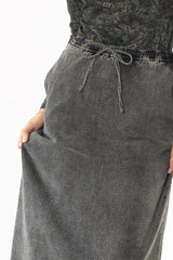 Black Drawstring Stretch Denim Maxi Skirt
