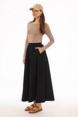 Black Elastic Cotton Maxi Skirt