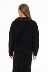 Black Faux Fur Collar Sweatshirt