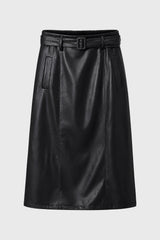 Black Belted Faux Leather Midi Skirt