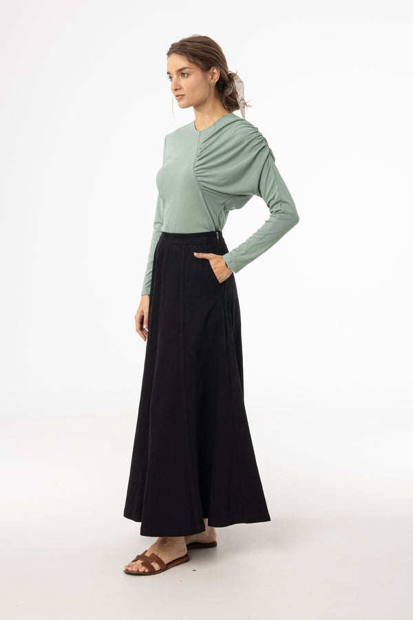 Black Flare Panel Denim Skirt