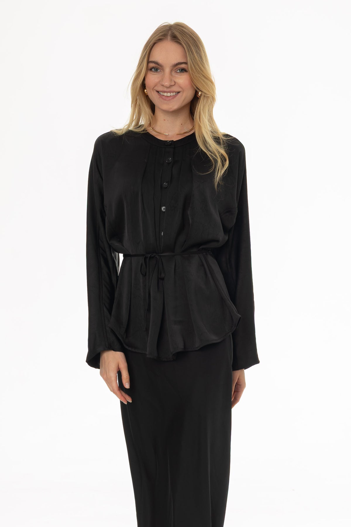 app　mare Slim Tie Flare Blouse Black Flare Sleeve Tie Blouse – BLANK