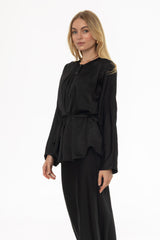 Black Flare Sleeve Tie Blouse