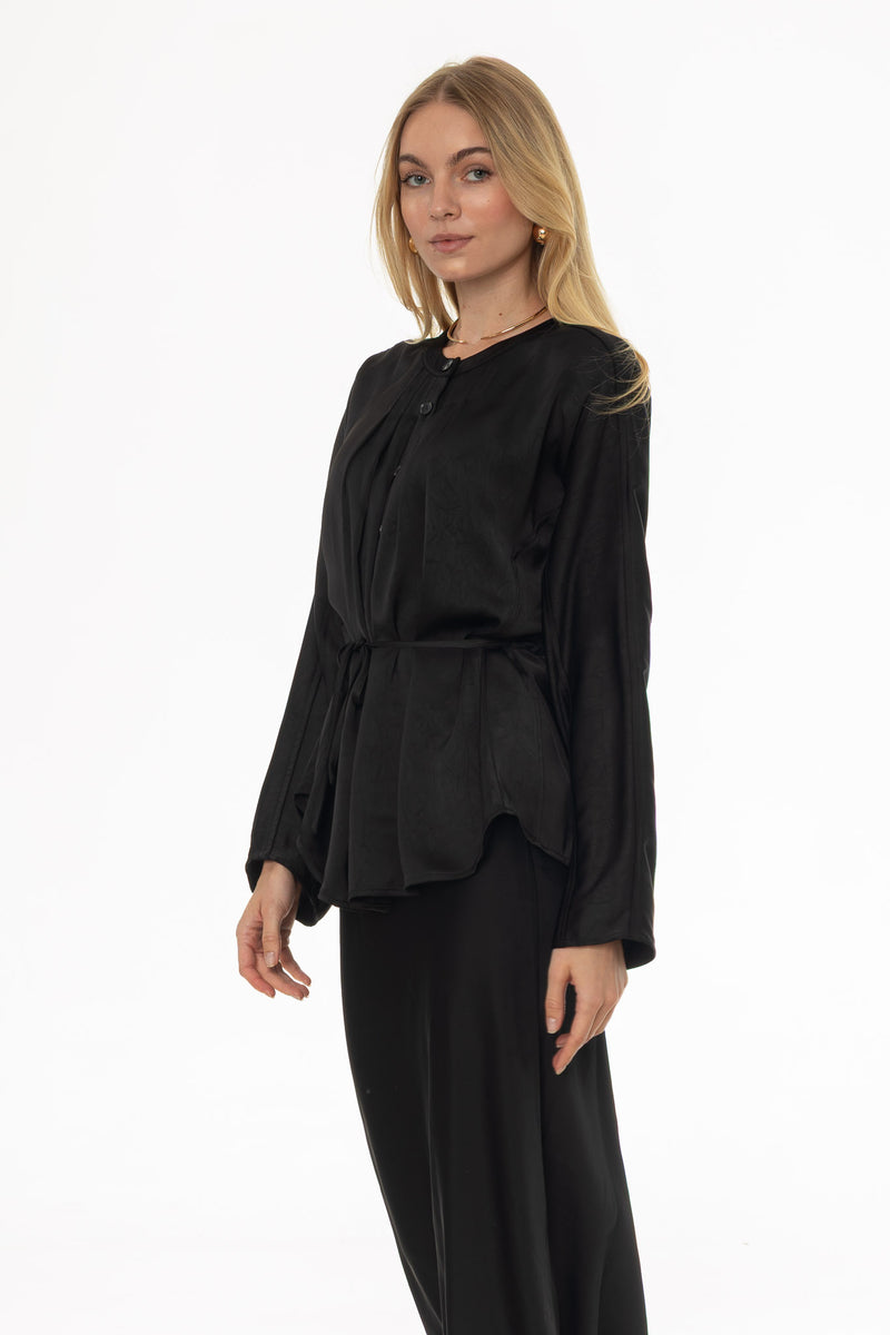 app　mare Slim Tie Flare Blouse Black Flare Sleeve Tie Blouse – BLANK