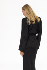 Black Flare Sleeve Tie Blouse