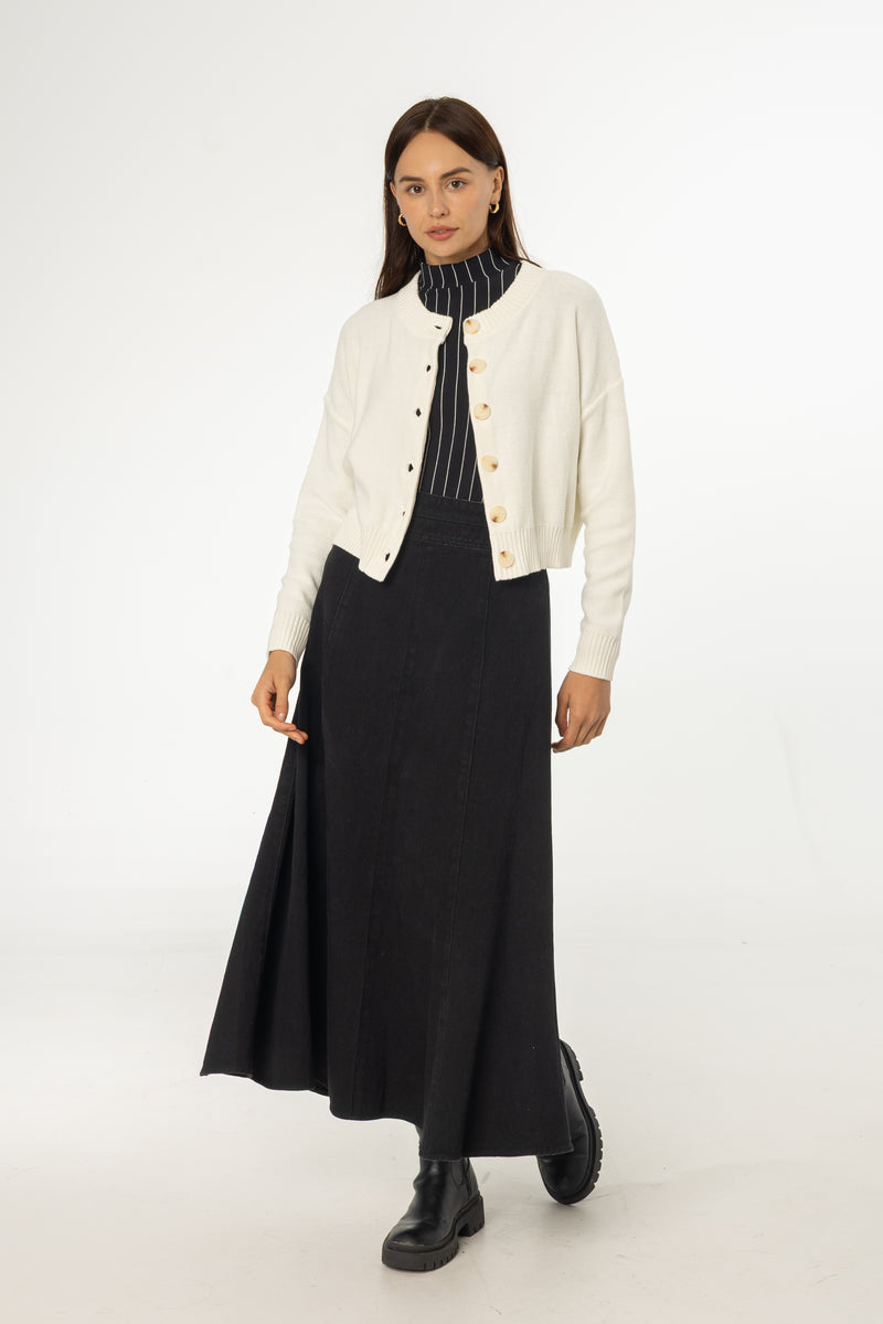 Black Flared Denim Maxi Skirt