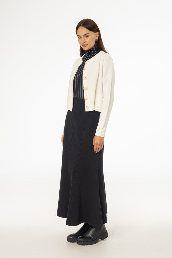 Black Flared Denim Maxi Skirt