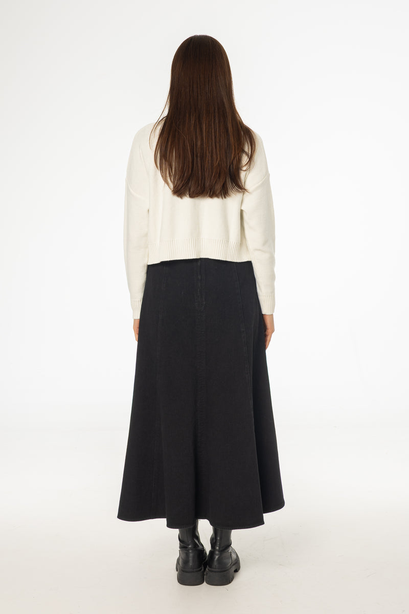 Black Flared Denim Maxi Skirt
