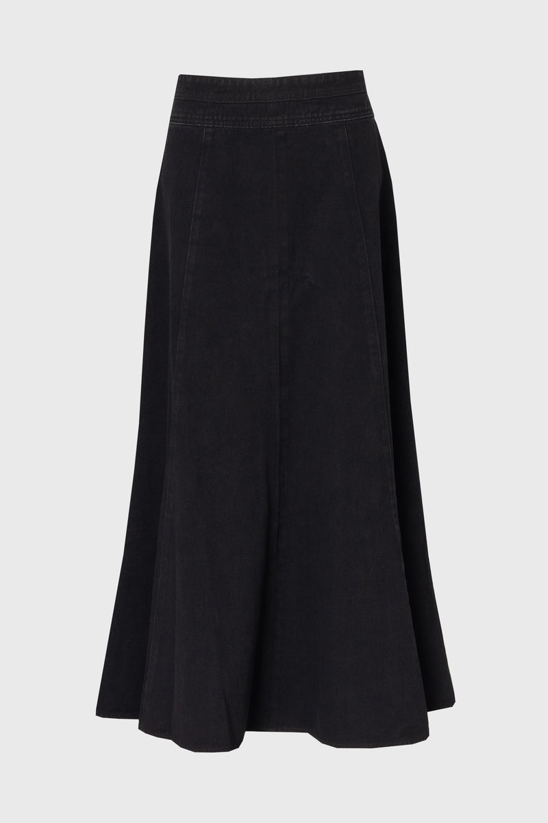 Black Flared Denim Maxi Skirt