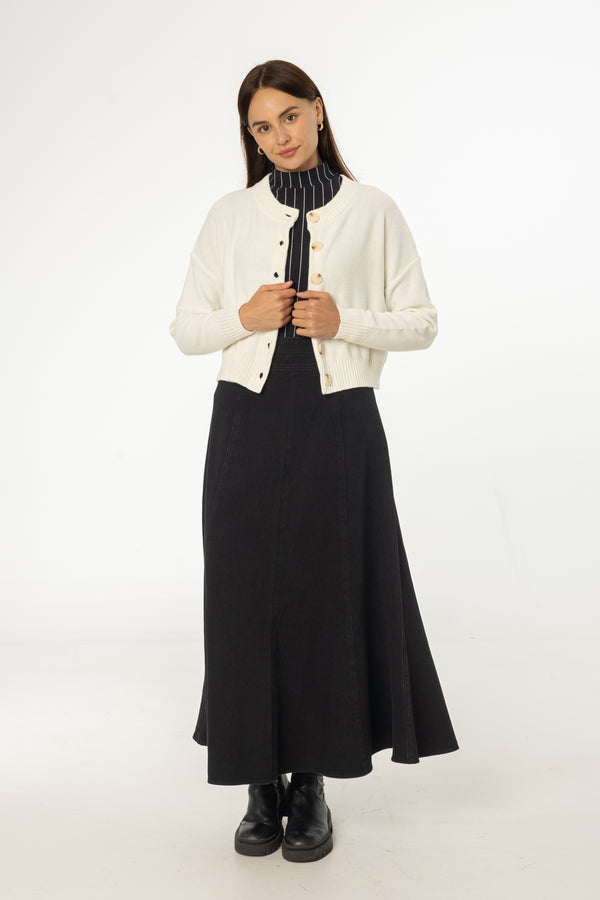 Black Flared Denim Maxi Skirt