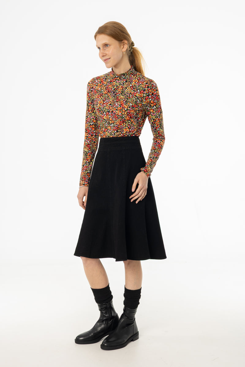 Black Flared Denim Skirt