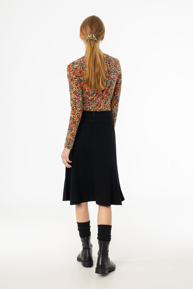 Black Flared Denim Skirt