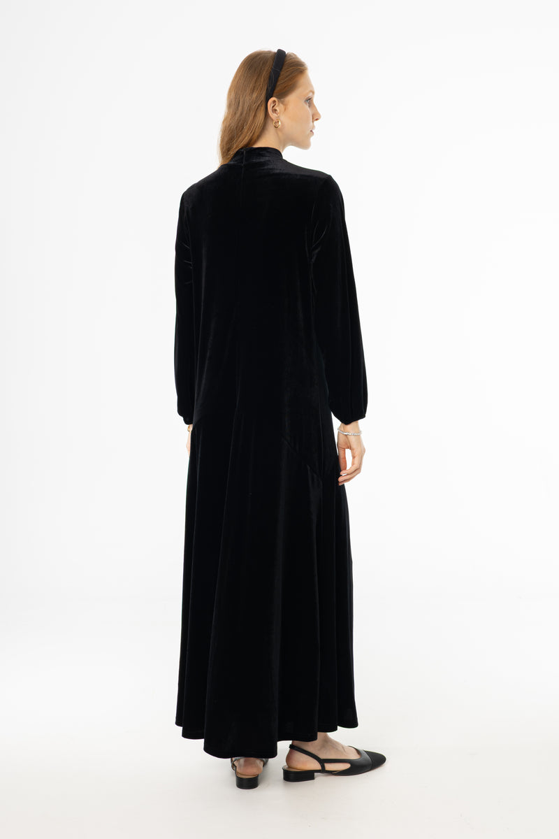 Black Flared Hem Velvet Maxi Dress