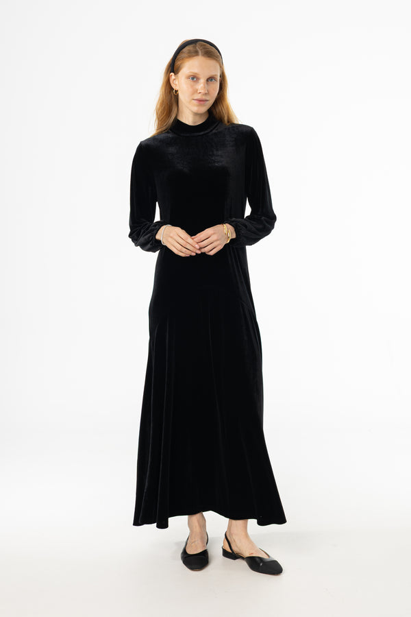 Black Flared Hem Velvet Maxi Dress