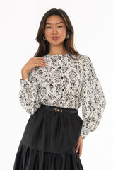 Black Floral Button Down Puff Sleeve Blouse