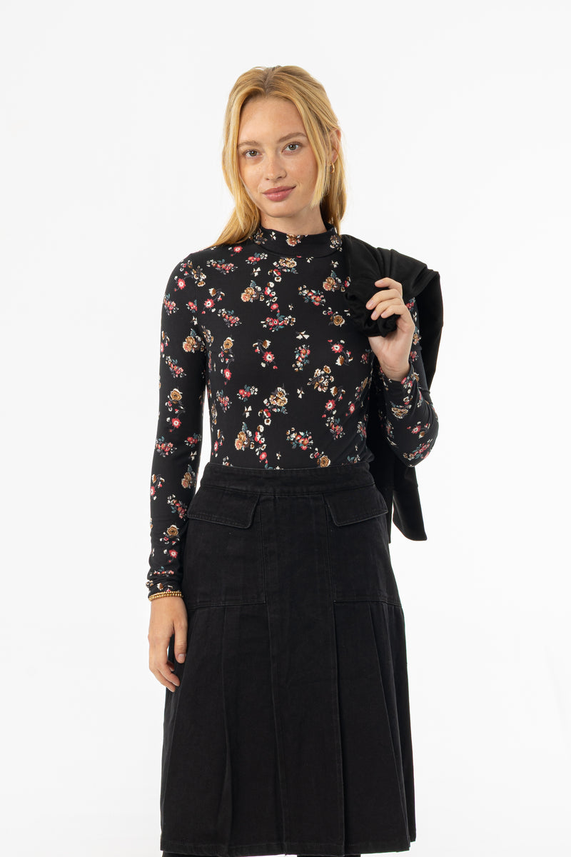 Black Floral Mock Neck Top