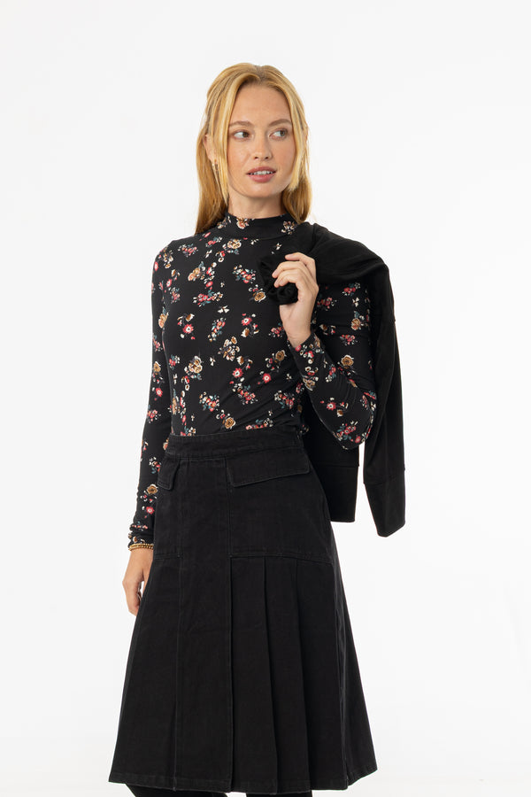 Black Floral Mock Neck Top