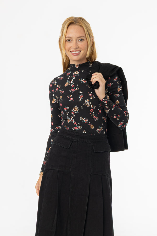 Black Floral Mock Neck Top