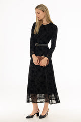 Black Floral Printed Mesh Maxi Dress