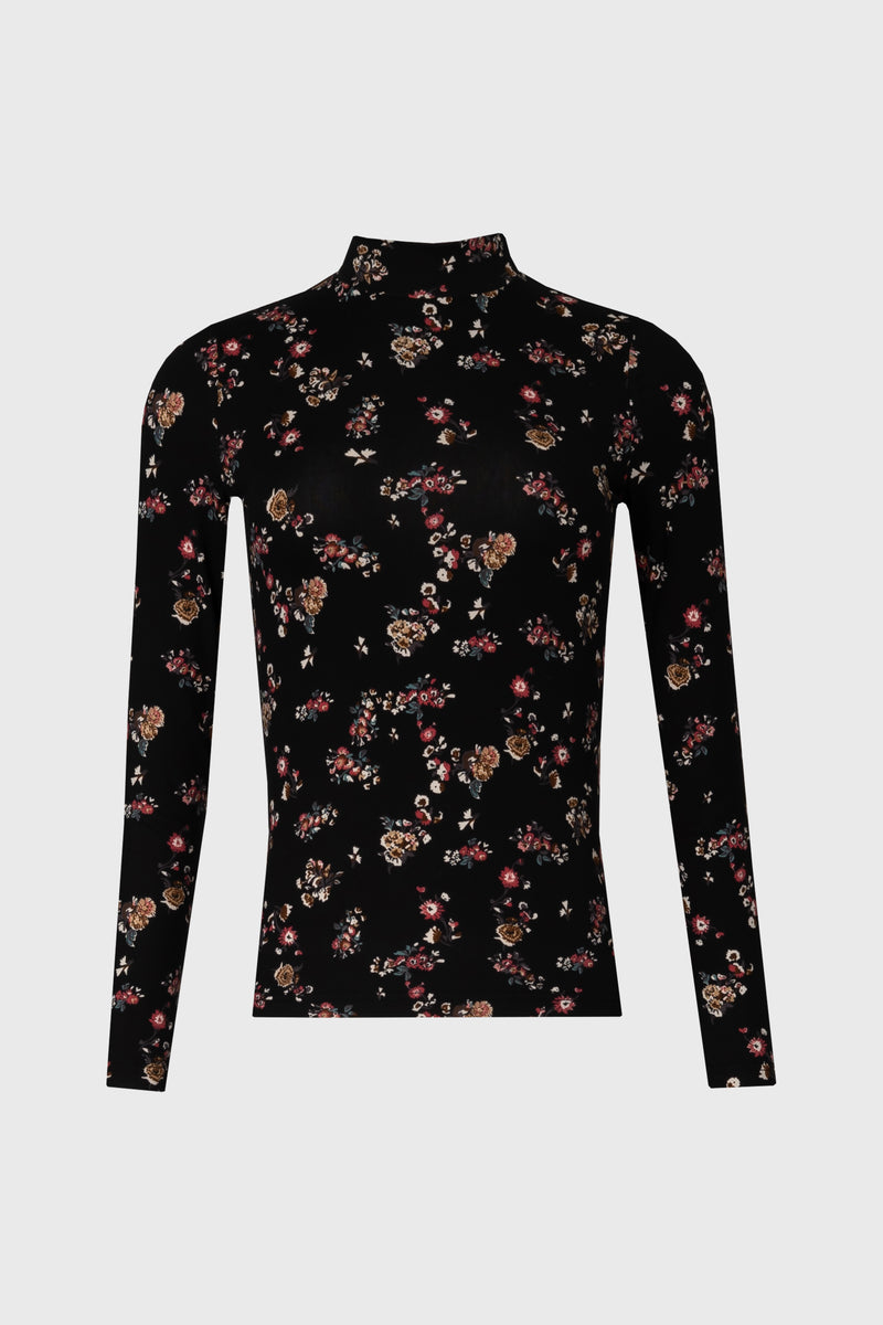 Black Floral Mock Neck Top