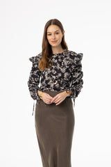 Black Floral Ruffle Blouse