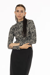 Black Flower Printed Mesh Mock Neck Top