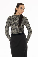Black Flower Printed Mesh Mock Neck Top