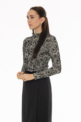 Black Flower Printed Mesh Mock Neck Top