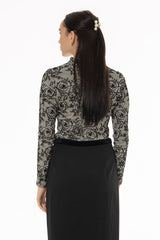 Black Flower Printed Mesh Mock Neck Top