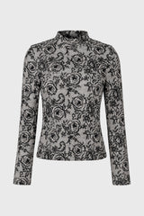 Black Flower Printed Mesh Mock Neck Top