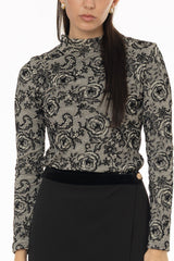 Black Flower Printed Mesh Mock Neck Top