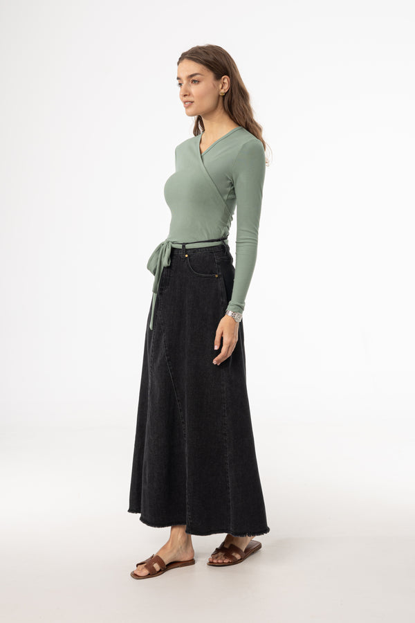 Black Frayed Edge Denim Skirt