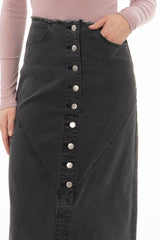 Black Fringe Button Denim Maxi Skirt