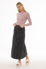 Black Fringe Button Denim Maxi Skirt