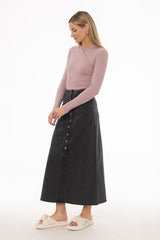 Black Fringe Button Denim Maxi Skirt