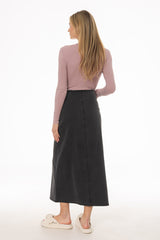 Black Fringe Button Denim Maxi Skirt