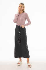 Black Fringe Button Denim Maxi Skirt