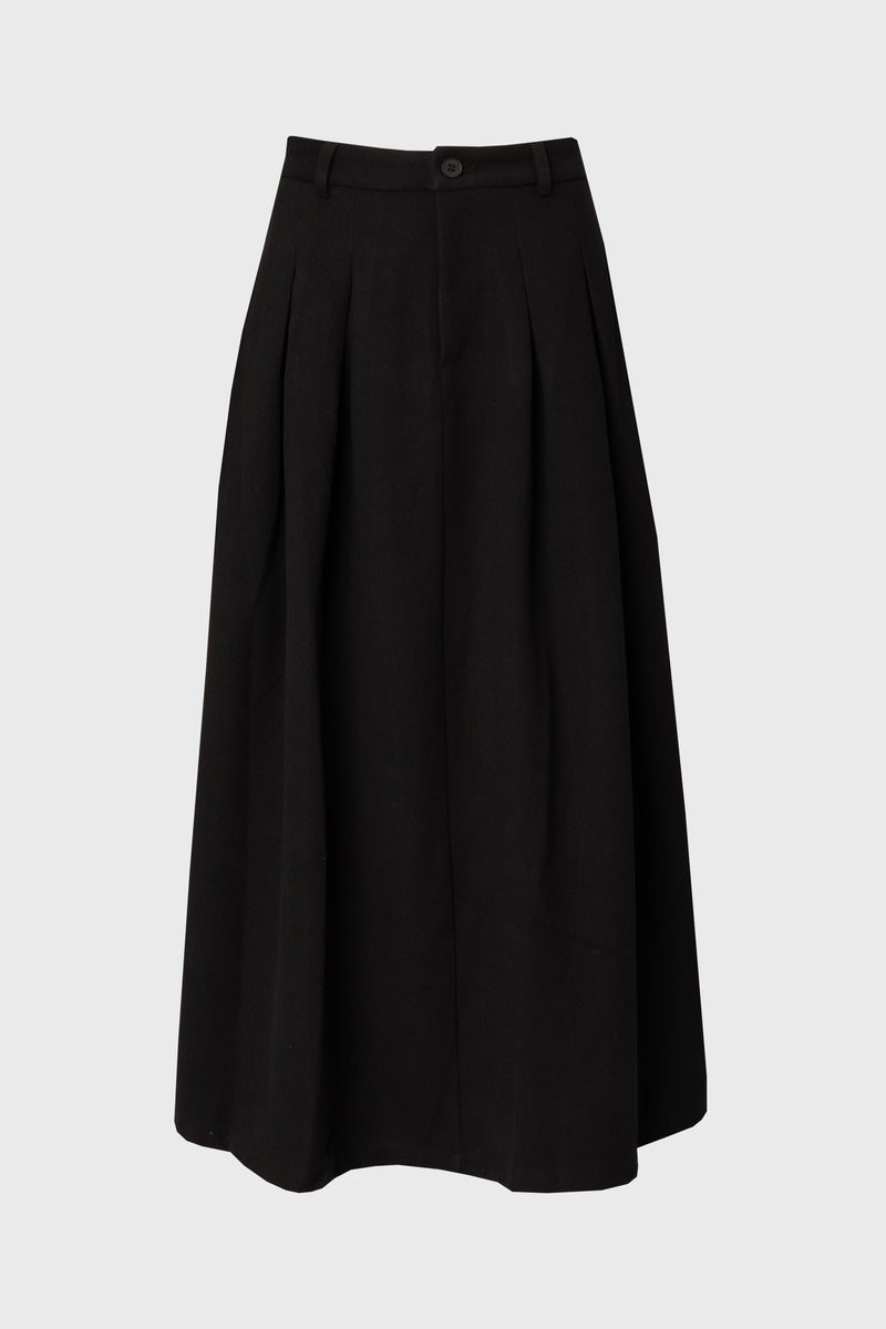 Black Front Pleated Flared Skirt